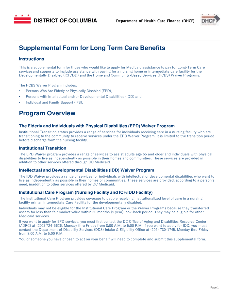 Supplemental Form for Long Term Care Benefits - Washington, D.C., Page 1