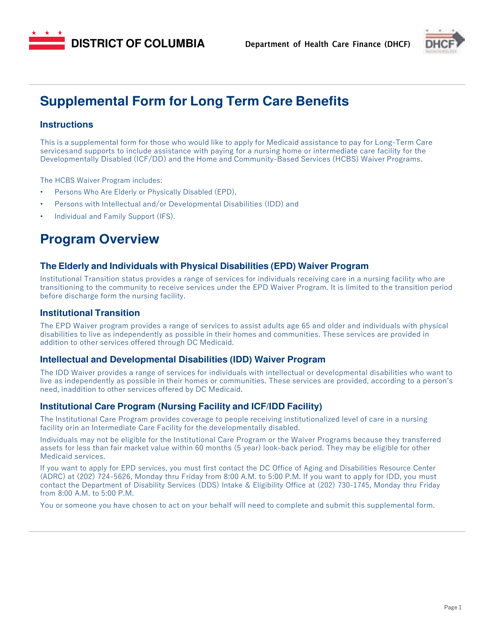 Supplemental Form for Long Term Care Benefits - Washington, D.C.