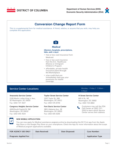Conversion Change Report Form - Washington, D.C. Download Pdf