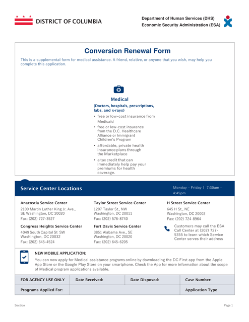 Conversion Renewal Form - Washington, D.C. Download Pdf