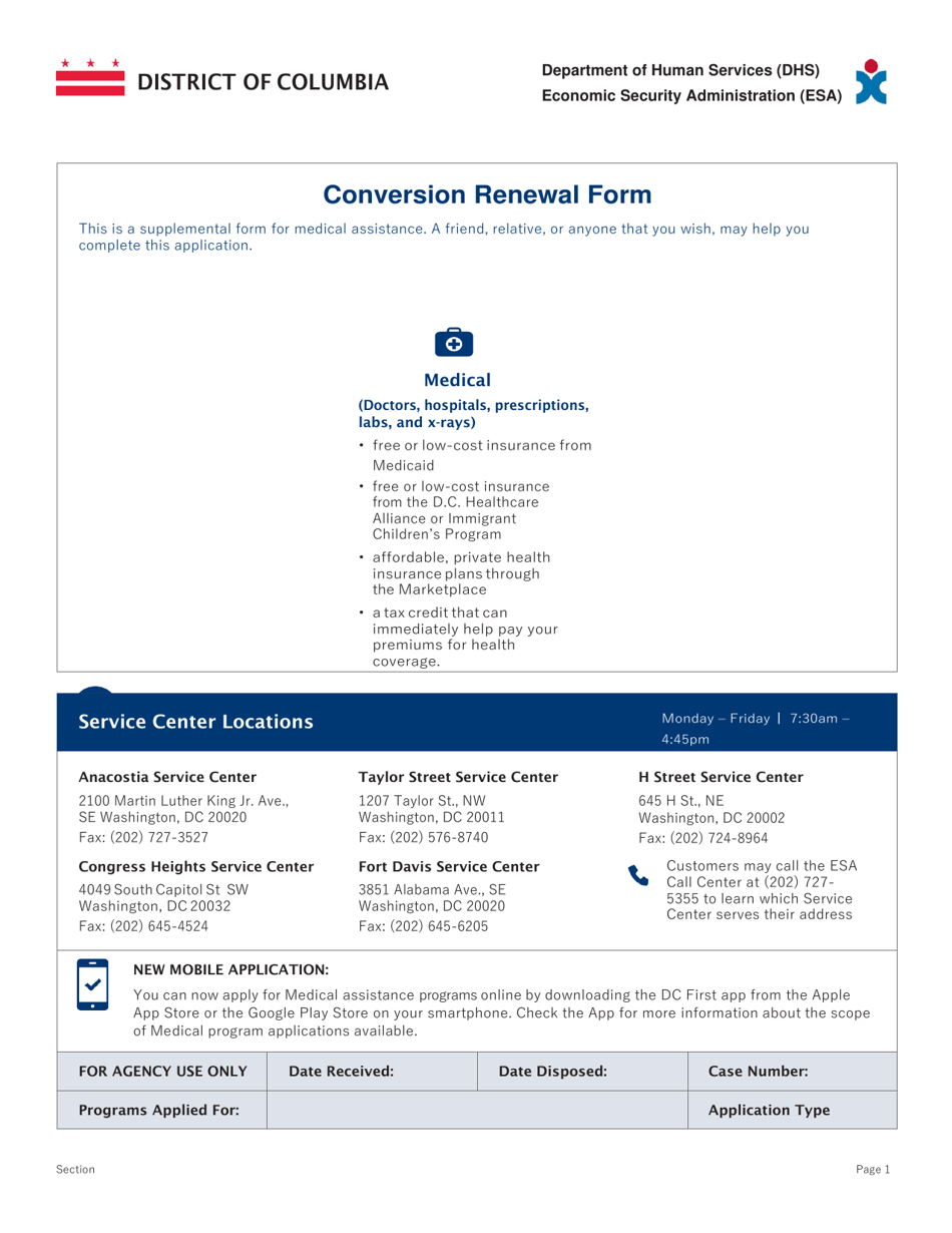 Conversion Renewal Form - Washington, D.C., Page 1