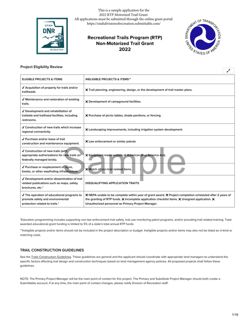 Non-motorized Trail Grant Application - Recreational Trails Program (Rtp) - Sample - Utah Download Pdf