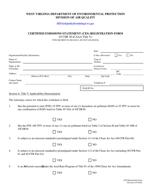 Certified Emissions Statement (Ces) Registration Form - West Virginia Download Pdf