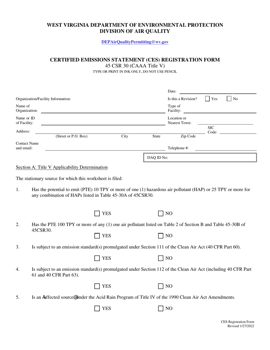 West Virginia Certified Emissions Statement (Ces) Registration Form