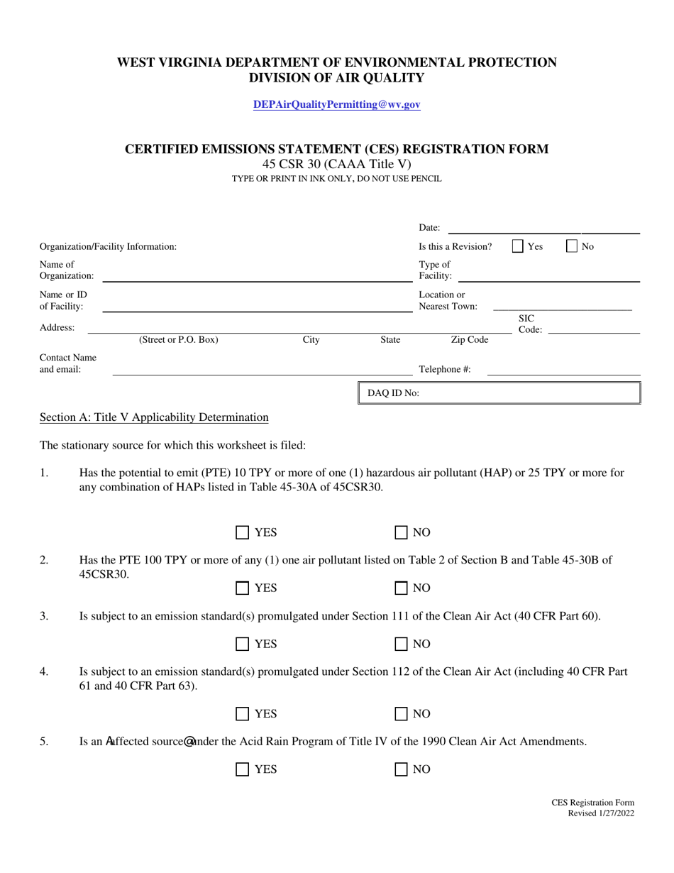 Certified Emissions Statement (Ces) Registration Form - West Virginia, Page 1