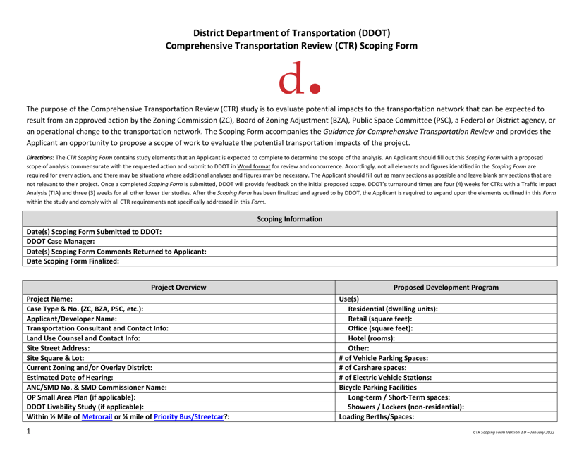Comprehensive Transportation Review (Ctr) Scoping Form - Washington, D.C. Download Pdf
