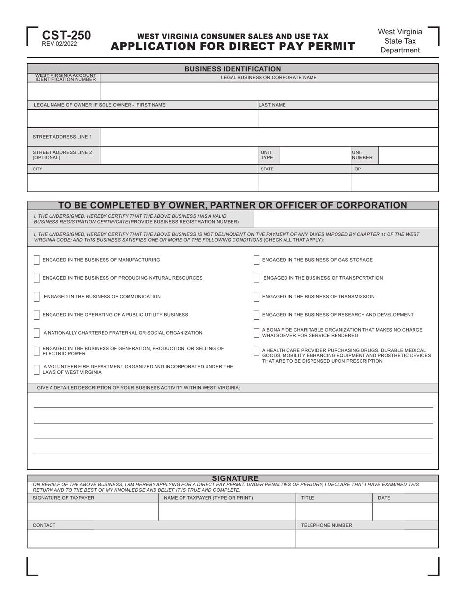Form CST-250 West Virginia Consumer Sales and Use Tax Application for Direct Pay Permit - West Virginia, Page 1