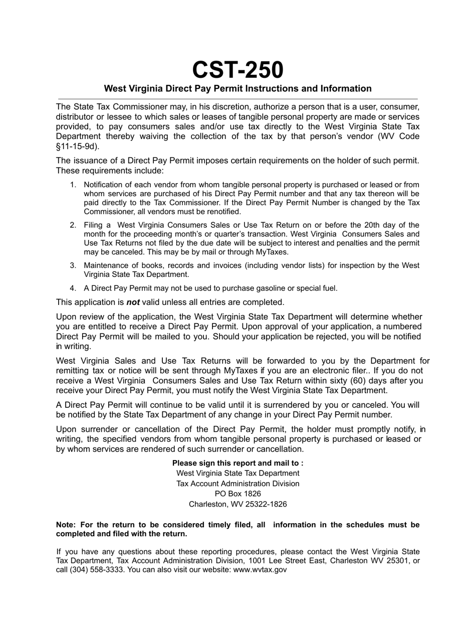 Form CST-250 West Virginia Consumer Sales and Use Tax Application for Direct Pay Permit - West Virginia, Page 2