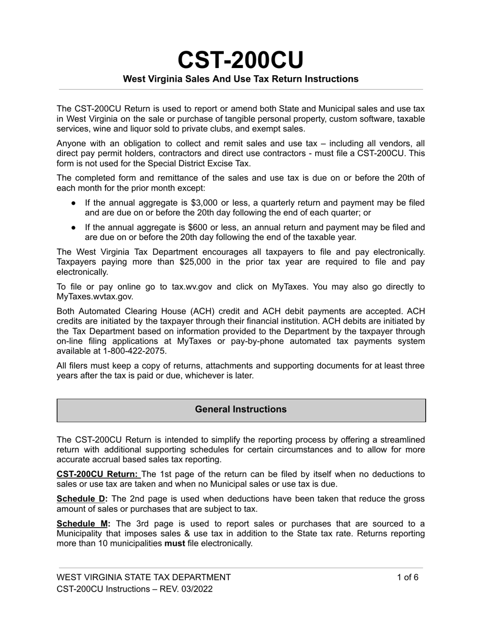 Download Instructions for Form WV/CST200CU West Virginia Sales and Use Tax Return PDF 2017