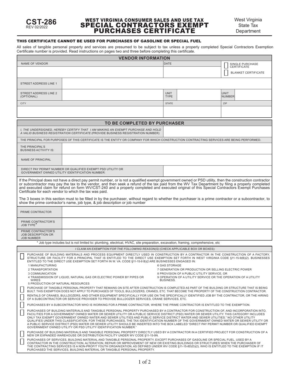 Form CST-286 West Virginia Consumer Sales and Use Tax Special Contractors Exempt Purchases Certificate - West Virginia, Page 1