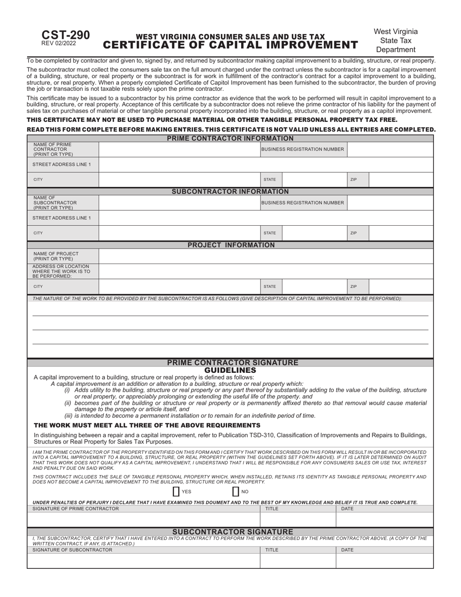 Form CST-290 West Virginia Consumer Sales and Use Tax Certificate of Capital Improvement - West Virginia, Page 1