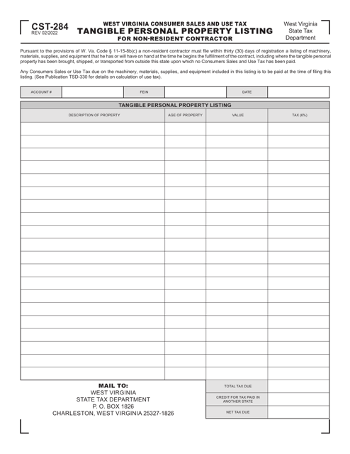 Document preview: Form CST-284 West Virginia Consumer Sales and Use Tax Tangible Personal Property Listing for Non-resident Contractor - West Virginia