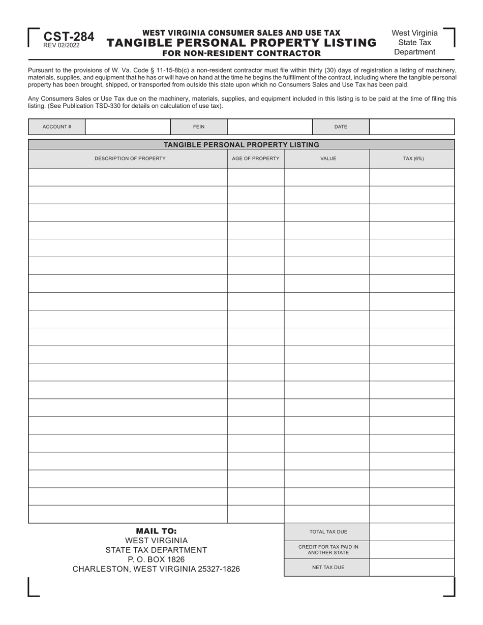 Form CST-284 West Virginia Consumer Sales and Use Tax Tangible Personal Property Listing for Non-resident Contractor - West Virginia, Page 1
