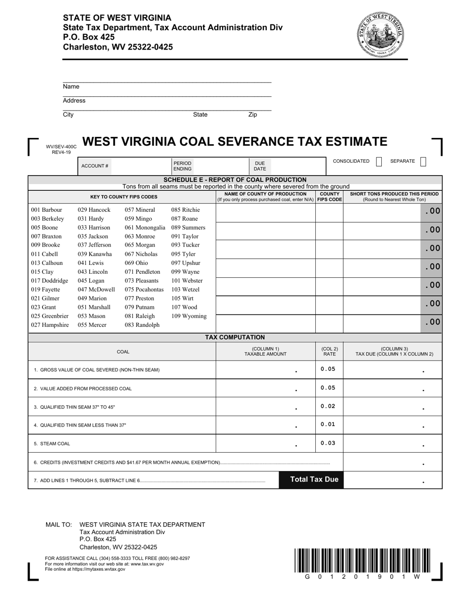 Form WV/SEV-400C West Virginia Coal Severance Tax Estimate - West Virginia, Page 1