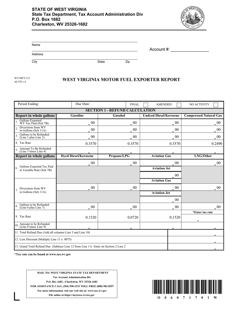 Form WV/MFT-511 West Virginia Motor Fuel Exporter Report - West Virginia, Page 1