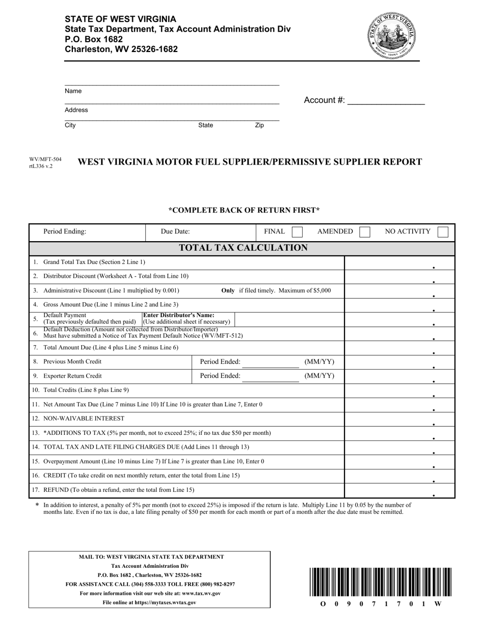 Form WV / MFT-504 West Virginia Motor Fuel Supplier / Permissive Supplier Report - West Virginia, Page 1