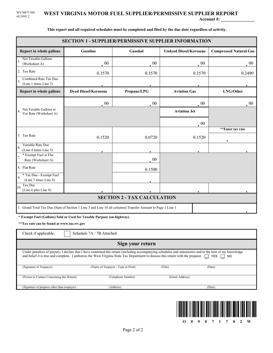 Form WV / MFT-504 West Virginia Motor Fuel Supplier / Permissive Supplier Report - West Virginia, Page 2
