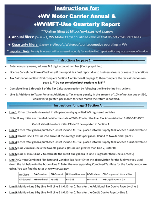 Instructions for Form WV/MFT-USE Motor Carrier Annual & Quarterly Report - West Virginia