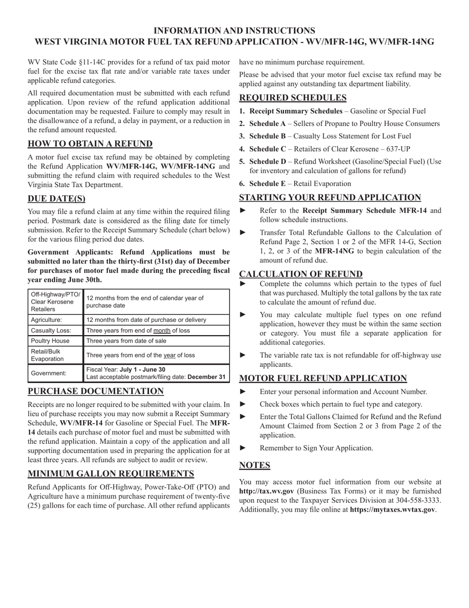 Instructions for Form WV / MFR-14G, WV / MFR-14NG West Virginia Motor Fuel Tax Refund Application - West Virginia, Page 1