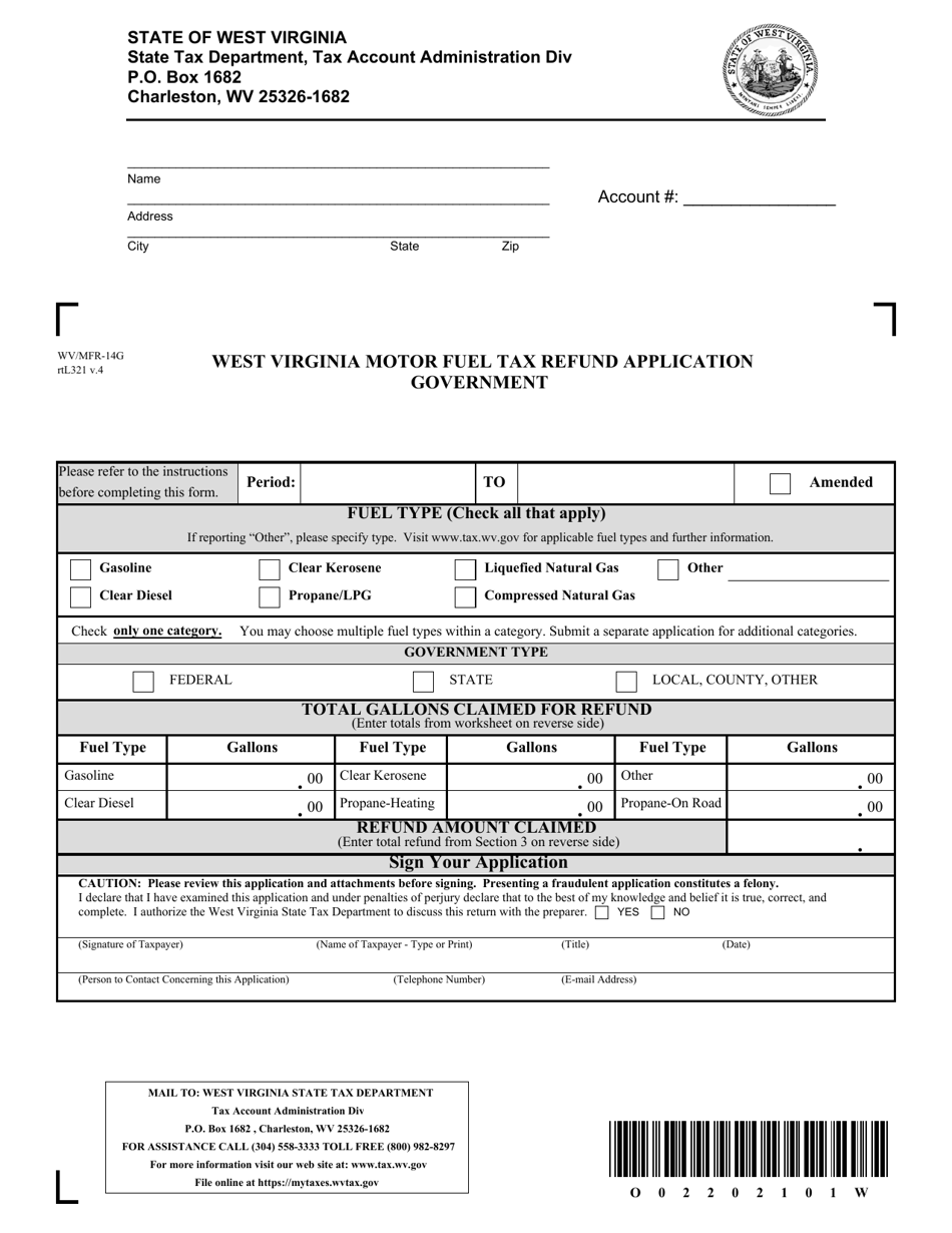 Form WV / MFR-14G West Virginia Motor Fuel Tax Refund Application - Government - West Virginia, Page 1