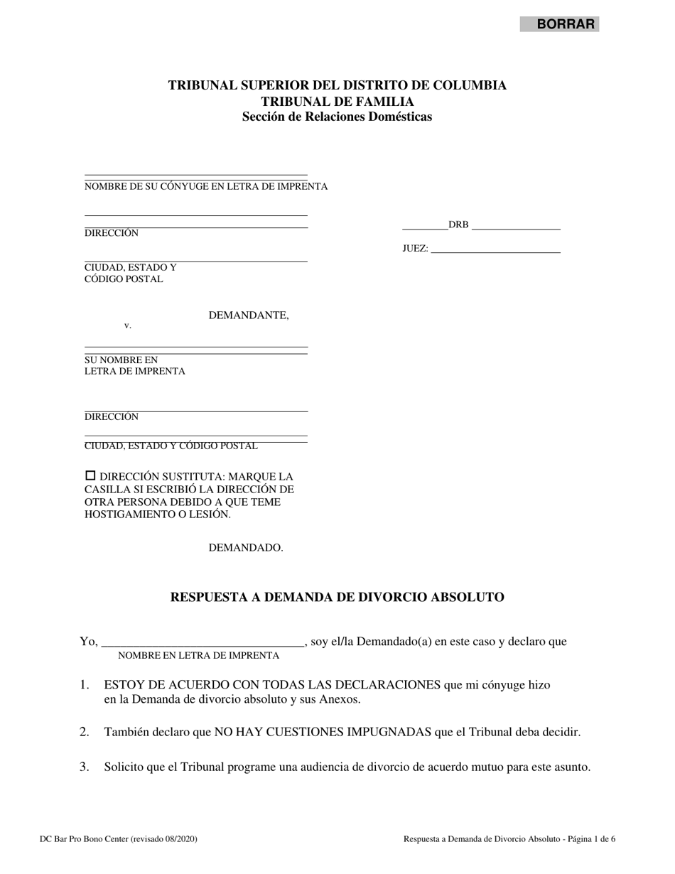 Respuesta a Demanda De Divorcio Absoluto - Washington, D.C. (Spanish), Page 1