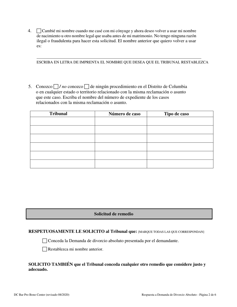 Respuesta a Demanda De Divorcio Absoluto - Washington, D.C. (Spanish), Page 2