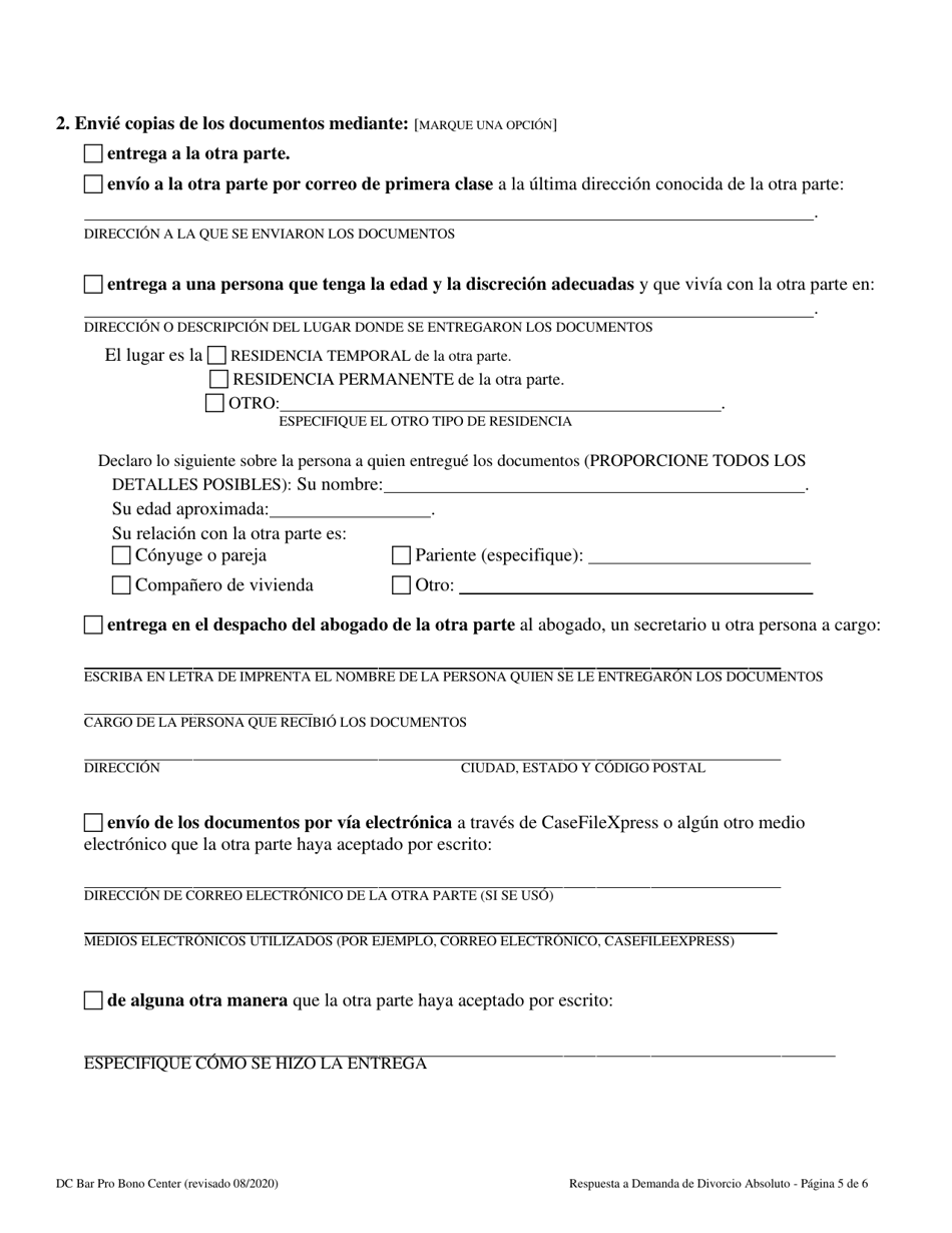 Respuesta a Demanda De Divorcio Absoluto - Washington, D.C. (Spanish), Page 5