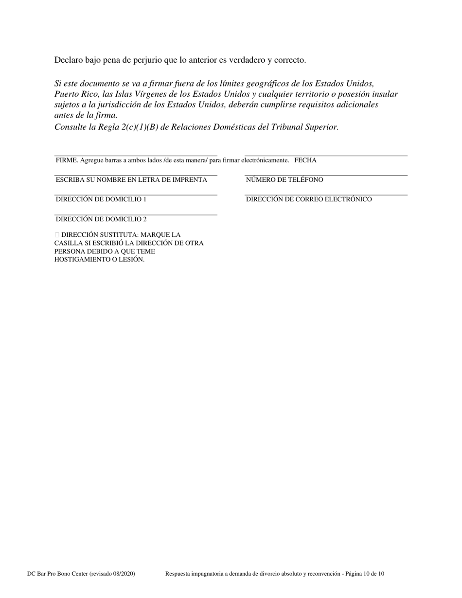 Respuesta Impugnatoria a La Demanda De Divorcio Absoluto Y Reconvencion - Washington, D.C. (Spanish), Page 10