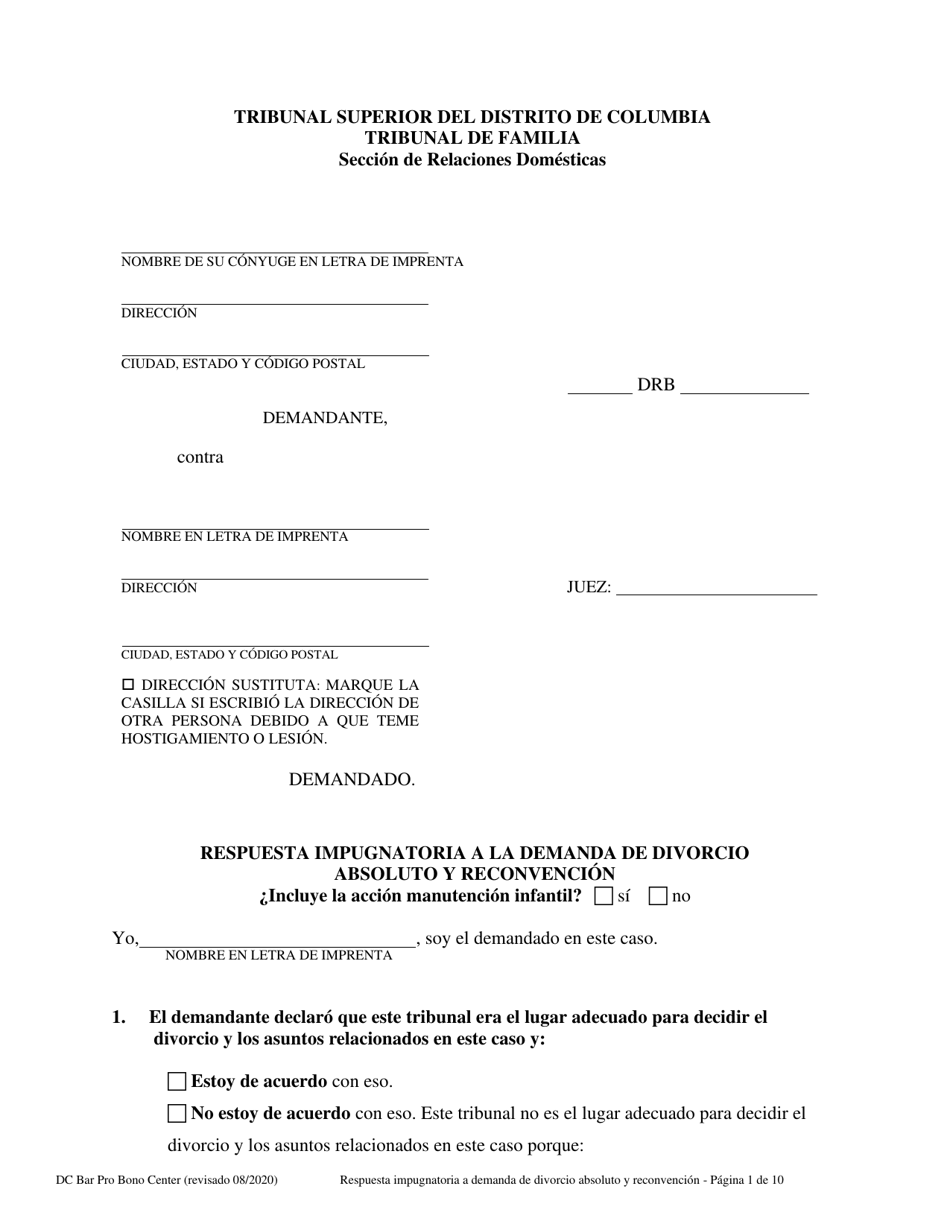 Respuesta Impugnatoria a La Demanda De Divorcio Absoluto Y Reconvencion - Washington, D.C. (Spanish), Page 1