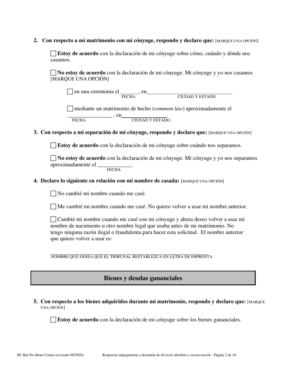 Respuesta Impugnatoria a La Demanda De Divorcio Absoluto Y Reconvencion - Washington, D.C. (Spanish), Page 2