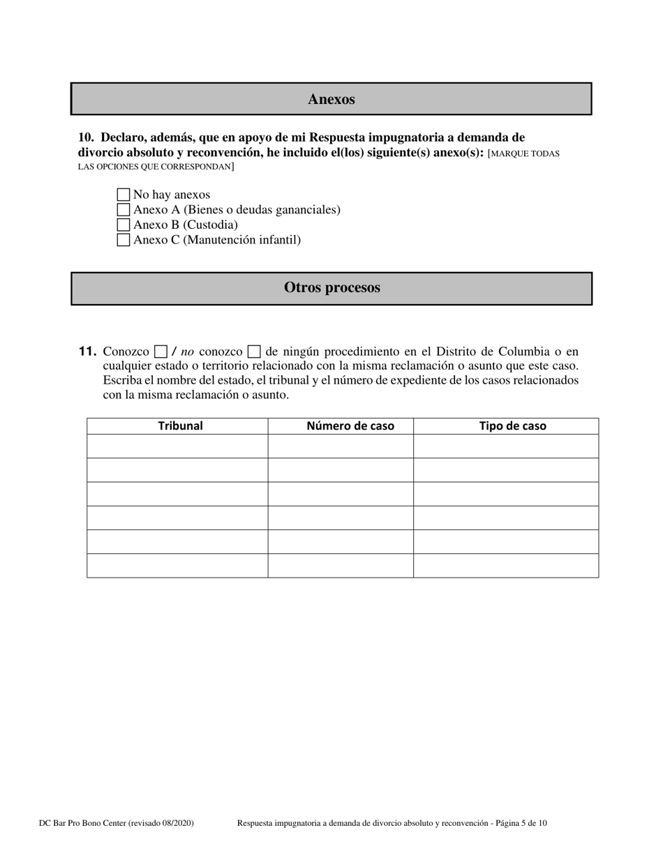 Respuesta Impugnatoria a La Demanda De Divorcio Absoluto Y Reconvencion - Washington, D.C. (Spanish), Page 5