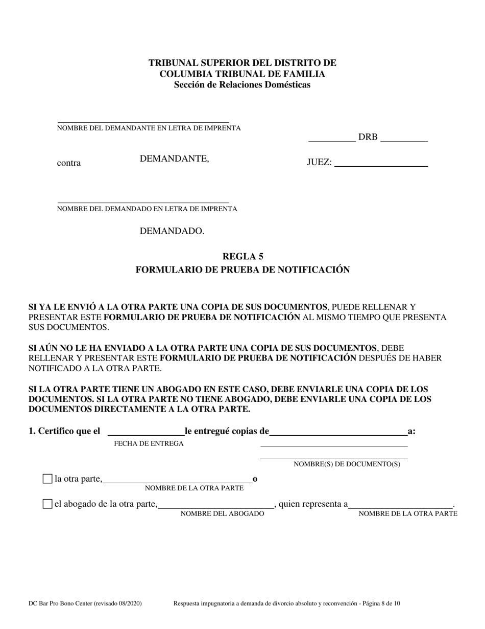 Respuesta Impugnatoria a La Demanda De Divorcio Absoluto Y Reconvencion - Washington, D.C. (Spanish), Page 8