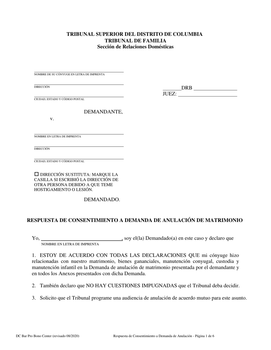Respuesta De Consentimiento a Demanda De Anulacion De Matrimonio - Washington, D.C. (Spanish), Page 1