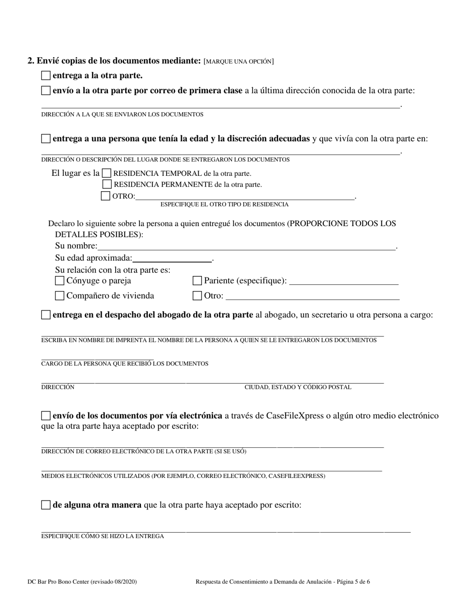 Respuesta De Consentimiento a Demanda De Anulacion De Matrimonio - Washington, D.C. (Spanish), Page 5