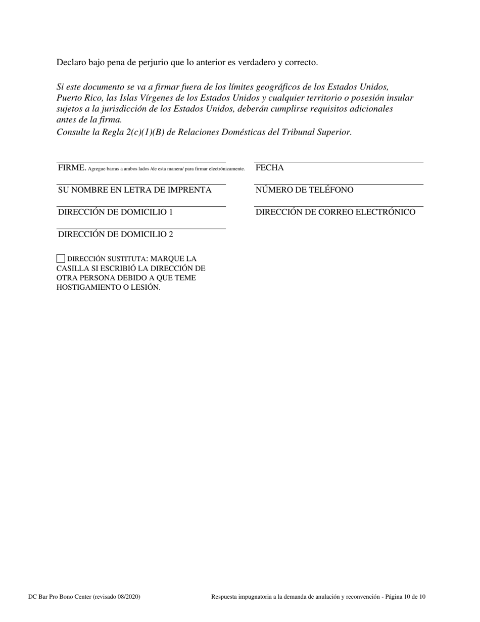 Respuesta Impugnatoria a La Demanda De Anulacion Y Reconvencion - Washington, D.C. (Spanish), Page 10