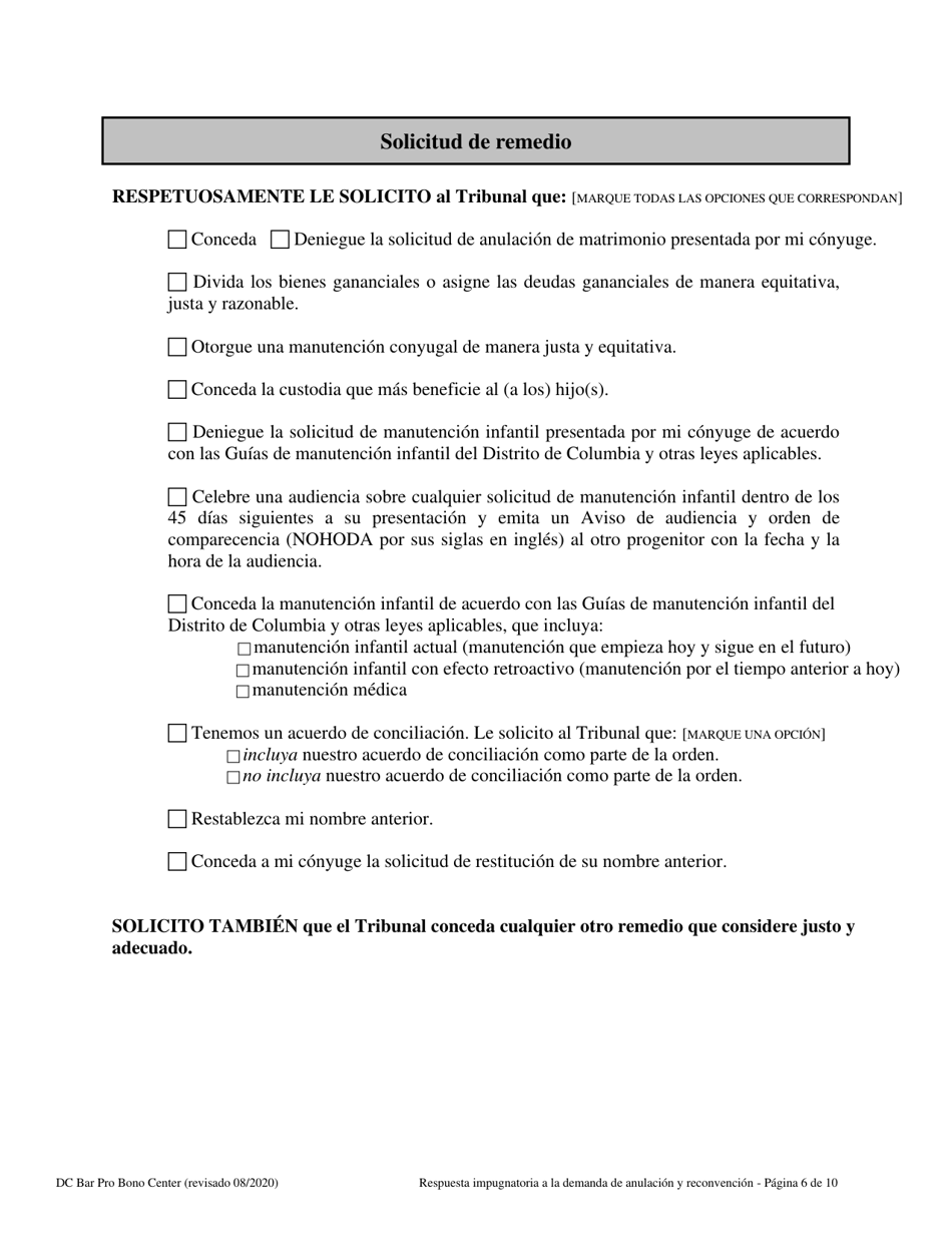 Respuesta Impugnatoria a La Demanda De Anulacion Y Reconvencion - Washington, D.C. (Spanish), Page 6
