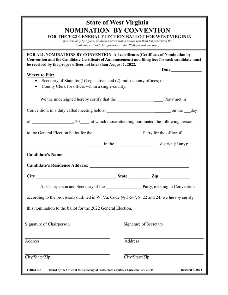 Form C-8 Nomination by Convention - West Virginia, Page 1