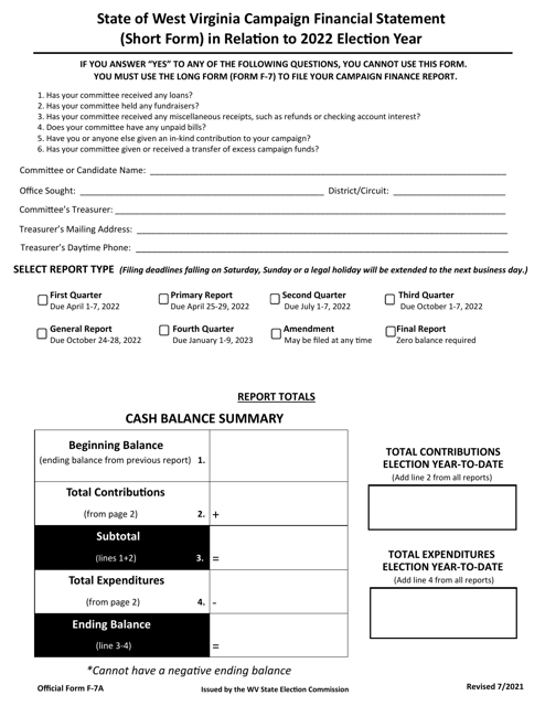 Official Form F-7A State of West Virginia Campaign Financial Statement (Short Form) - West Virginia, 2022
