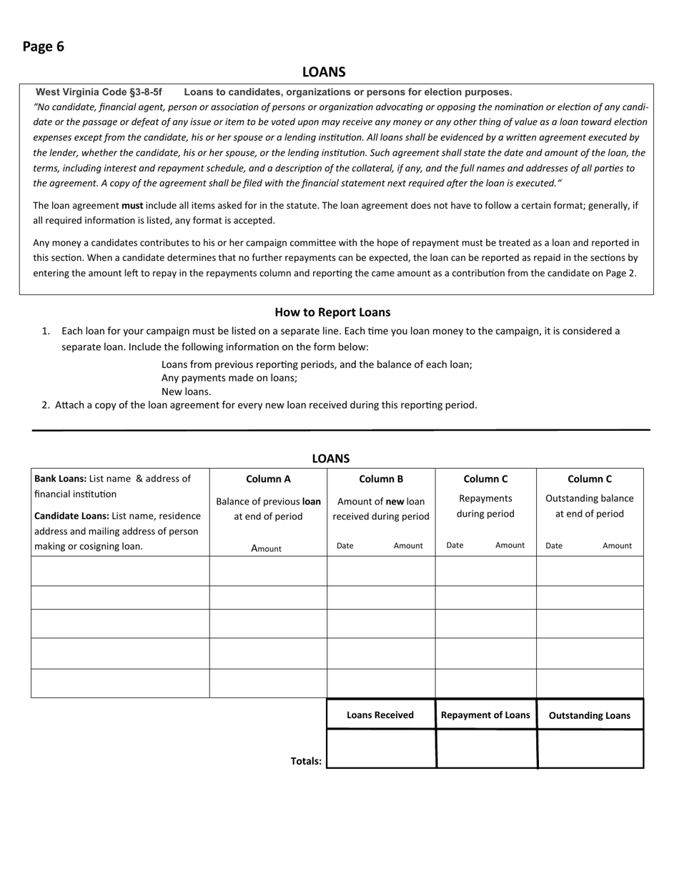 Official Form F-7 State of West Virginia Campaign Financial Statement (Long Form) - West Virginia, Page 6
