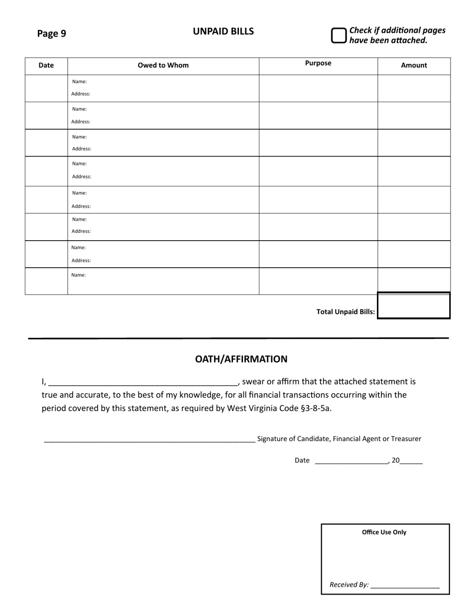 Official Form F-7 State of West Virginia Campaign Financial Statement (Long Form) - West Virginia, Page 9