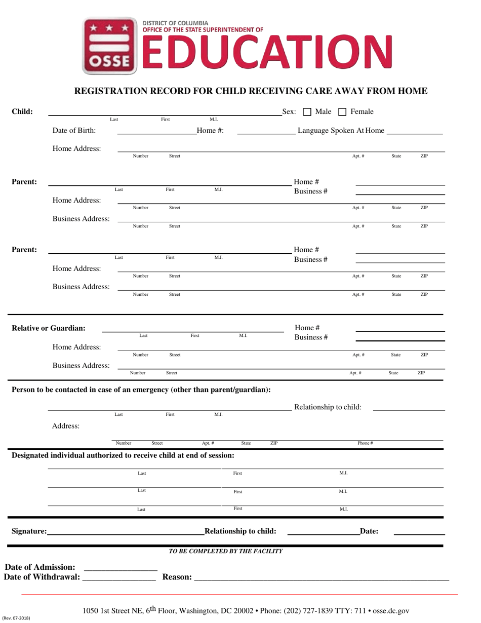 Registration Record for Child Receiving Care Away From Home - Washington, D.C., Page 1