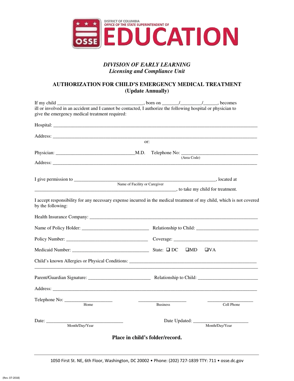 Washington, D.C. Authorization for Child's Emergency Medical Treatment