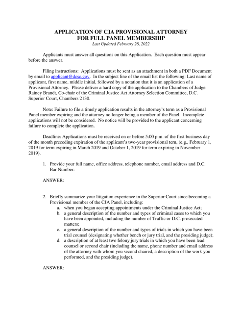 Application of Cja Provisional Attorney for Full Panel Membership - Washington, D.C. Download Pdf