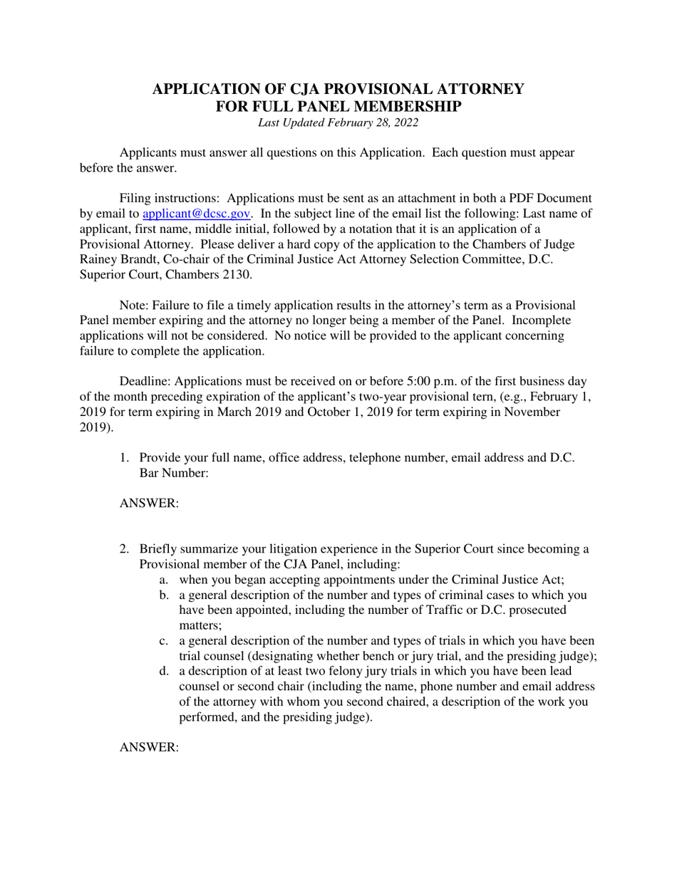 Application of Cja Provisional Attorney for Full Panel Membership - Washington, D.C., Page 1