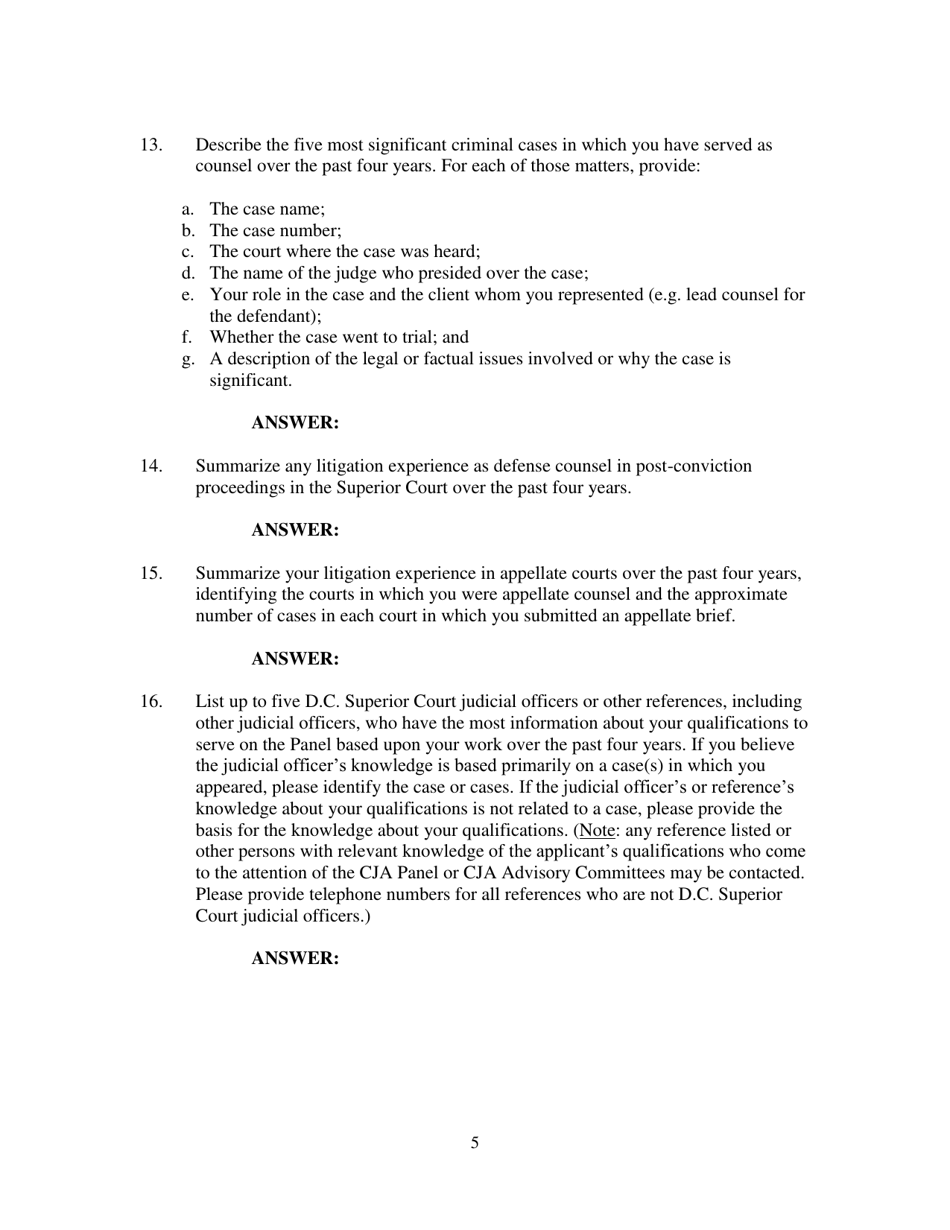 Criminal Justice Act Panel Application - Washington, D.C., Page 5