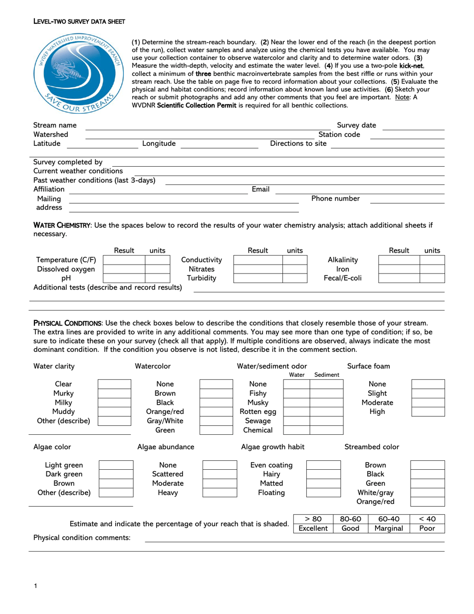Level-Two Survey Data Sheet - West Virginia, Page 1