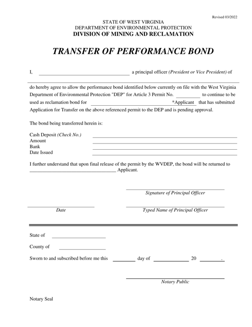 Transfer of Performance Bond - West Virginia Download Pdf