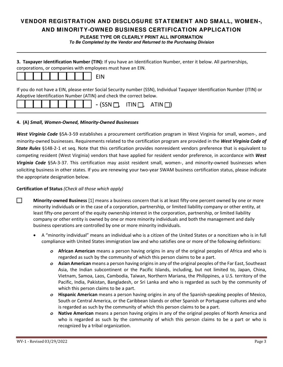 Form WV-1 Vendor Registration and Disclosure Statement and Small, Women-, and Minority-Owned Business Certification Application - West Virginia, Page 3