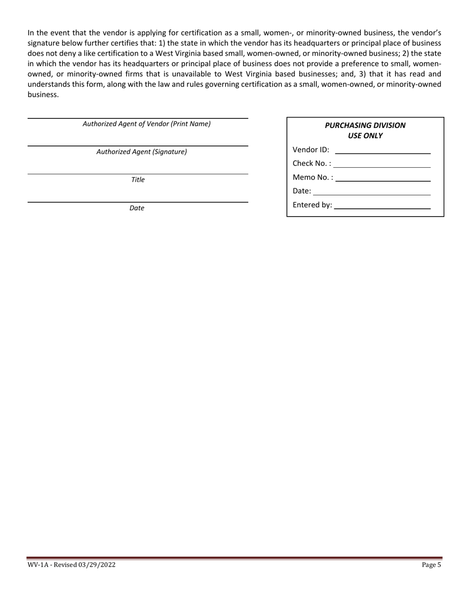 Form WV-1A Vendor Registration and Disclosure Statement and Small, Women-, and Minority-Owned Business Certification Application - West Virginia, Page 5
