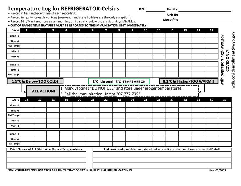 Document preview: Temperature Log for Refrigerator - Celsius - Wyoming